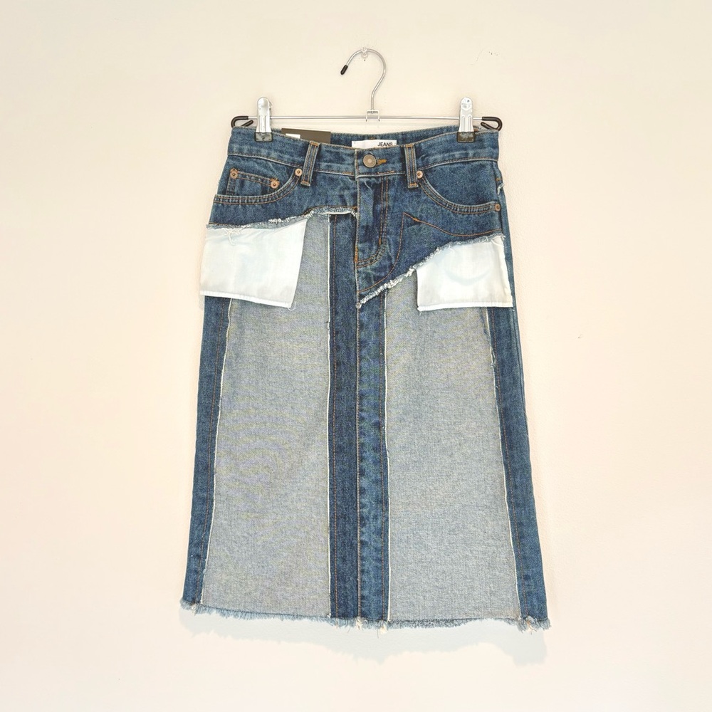 stylenanda patchwork jean midi skirt - upcycled dark wash denim - S euc